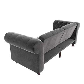 DHP Felix 90 Inch Futon Sofa Bed in Velvet Fabric, Upholstered Chesterfield Couch Sleeper with Tufted Back, Baroque Legs and Rolled Arms, Dark Gray
