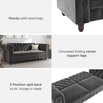 DHP Felix 90 Inch Futon Sofa Bed in Velvet Fabric, Upholstered Chesterfield Couch Sleeper with Tufted Back, Baroque Legs and Rolled Arms, Dark Gray