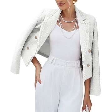 Tweed Blazers for Women Cropped Business Casual Womens' Blazer Jackets Short Crop Petite Double Breasted White Blazers for Womens White 0L