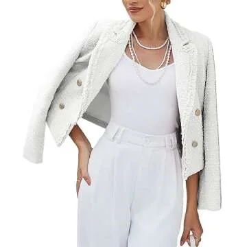 Tweed Blazers for Women Cropped Business Casual Womens' Blazer Jackets Short Crop Petite Double Breasted White Blazers for Womens White 0L