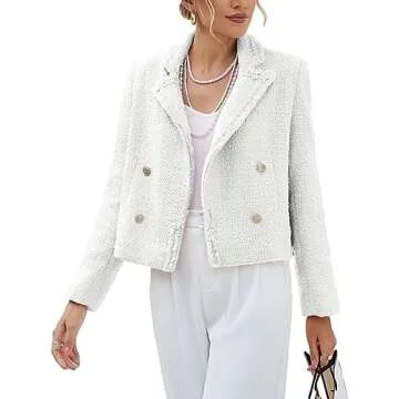 Tweed Blazers for Women Cropped Business Casual Womens' Blazer Jackets Short Crop Petite Double Breasted White Blazers for Womens White 0L