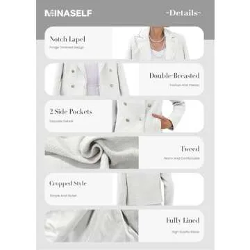 Tweed Blazers for Women Cropped Business Casual Womens' Blazer Jackets Short Crop Petite Double Breasted White Blazers for Womens White 0L