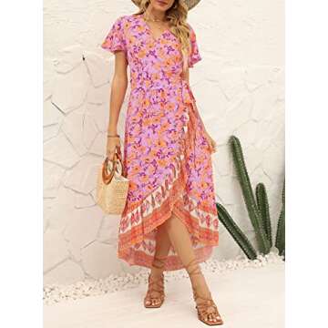 ZESICA Women's Summer Bohemian Floral Printed Wrap V Neck Beach Party Flowy Ruffle Midi Dress,PinkPurple,Medium