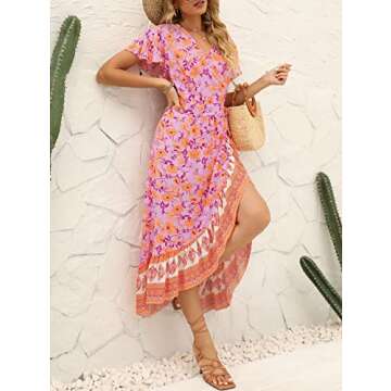ZESICA Women's Summer Bohemian Floral Printed Wrap V Neck Beach Party Flowy Ruffle Midi Dress,PinkPurple,Medium