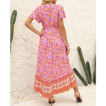ZESICA Women's Summer Bohemian Floral Printed Wrap V Neck Beach Party Flowy Ruffle Midi Dress,PinkPurple,Medium