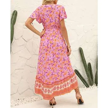 ZESICA Women's Summer Bohemian Floral Printed Wrap V Neck Beach Party Flowy Ruffle Midi Dress,PinkPurple,Medium