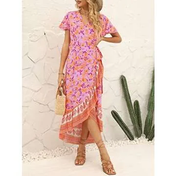 ZESICA Women's Summer Bohemian Floral Printed Wrap V Neck Beach Party Flowy Ruffle Midi Dress,PinkPurple,Medium