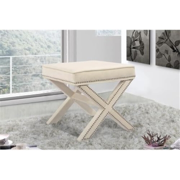 Meridian Furniture Nixon Collection Modern | Contemporary Velvet Upholstered Ottoman / Bench with X-Leg Design, Deep Button Tufting and a Solid Wood Frame Cream 20.5" W x 20.5" D x 19" H
