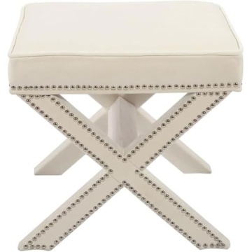 Meridian Furniture Nixon Collection Modern | Contemporary Velvet Upholstered Ottoman / Bench with X-Leg Design, Deep Button Tufting and a Solid Wood Frame Cream 20.5" W x 20.5" D x 19" H