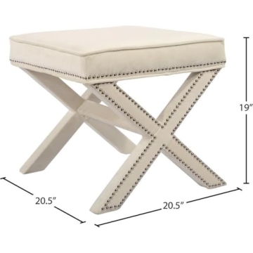 Meridian Furniture Nixon Collection Modern | Contemporary Velvet Upholstered Ottoman / Bench with X-Leg Design, Deep Button Tufting and a Solid Wood Frame Cream 20.5" W x 20.5" D x 19" H