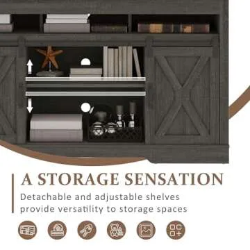 RoyalCraft Farmhouse TV Stand for 65+ Inch TV, 34'' Tall Entertainment Center with Sliding Barn Doors, Rustic Wood Media Console Storage Cabinet Television Stand for Living Room, Bedroom (Dark Grey)