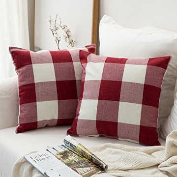 MIULEE Pack of 2 Classic Farmhouse Buffalo Check Plaids Polyester Linen Soft Solid White and Red Dec...