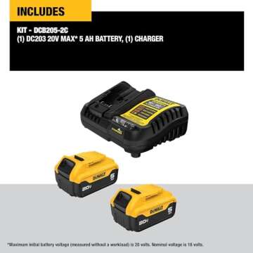 DEWALT 20V MAX Lithium-Ion Battery 2-Pack and Charger, 5.0 Ah, Battery Starter Kit (DCB205-2c)