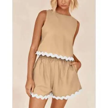 PRETTYGARDEN Women's 2 Piece Beach Vacation Outfits Casual Cropped Tank Top High Waist Shorts Set Tracksuit (Khaki,Small)