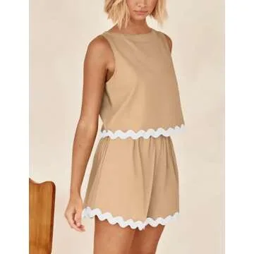 PRETTYGARDEN Women's 2 Piece Beach Vacation Outfits Casual Cropped Tank Top High Waist Shorts Set Tracksuit (Khaki,Small)