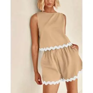 PRETTYGARDEN Women's 2 Piece Beach Vacation Outfits Casual Cropped Tank Top High Waist Shorts Set Tracksuit (Khaki,Small)