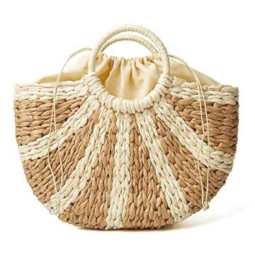 Epsion Womens Large Straw Beach Tote Bag Hobo Summer Handwoven Bags Purse wth Pom Poms (F-Khaki)