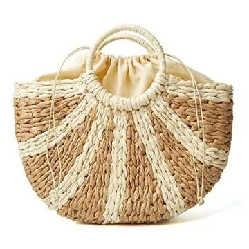 Epsion Womens Large Straw Beach Tote Bag Hobo Summer Handwoven Bags Purse wth Pom Poms (F-Khaki)