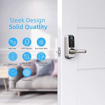 Fingerprint Bluetooth Front Door Locks with Handle, Hornbill Smart Keyless Entry Locks with Touchscreen Keypad, Electronic Digital Deadbolt with Reversible Handle, Free App, Fobs, Code