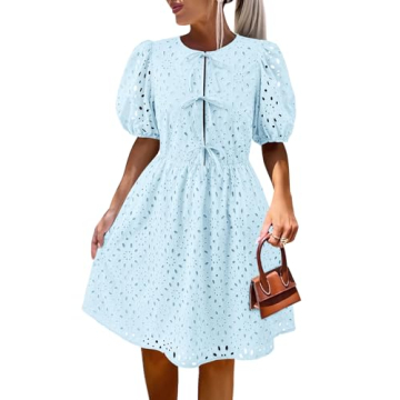 KIRUNDO Elegant Eyelet Summer Dress with Puff Sleeves for Weddings & Beach