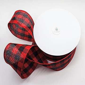 CT CRAFT LLC Plaid Cambridge Gingham Buffalo Wired Ribbon 2.5" x 50 Yards Black with Red for Christmas Home Decor Tree Topper Bow Gift Wrapping DIY Crafts Wreath Garland Wedding