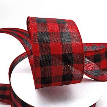 CT CRAFT LLC Plaid Cambridge Gingham Buffalo Wired Ribbon 2.5" x 50 Yards Black with Red for Christmas Home Decor Tree Topper Bow Gift Wrapping DIY Crafts Wreath Garland Wedding