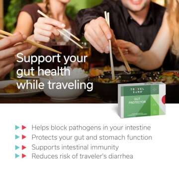 TRAVELSANA Digestive Health Support for Travelers |Stop & Prevent Diarrhea, Bloating, Gas |Boost Immune System |Probiotics & Essential Vitamins |Fast-Acting |10 Vegan Caps