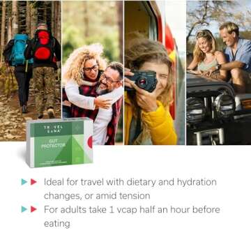 TRAVELSANA Digestive Health Support for Travelers |Stop & Prevent Diarrhea, Bloating, Gas |Boost Immune System |Probiotics & Essential Vitamins |Fast-Acting |10 Vegan Caps