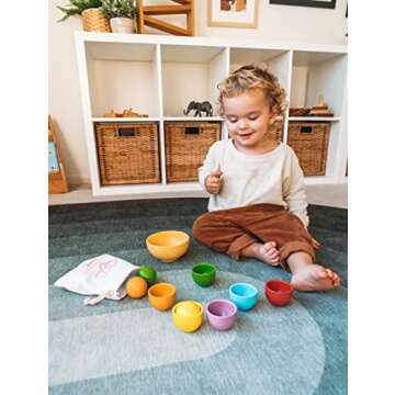 Montessori Large Rainbow Colored Sorting Ball in Cup - Preschool Color Matching Toy - Gross Motor Transfer Activity - 6 Toddler Safe Wooden Balls 46mm in Diameter - Non-Choking-Hazard