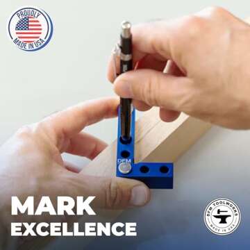 DFM Tool Works Small Square and Center Finder - Mini Square Tool with 11/32" Center Marking Hole Woodworking, Carpenter Engineering Square, Center Marking Tool, Made in USA - Blue