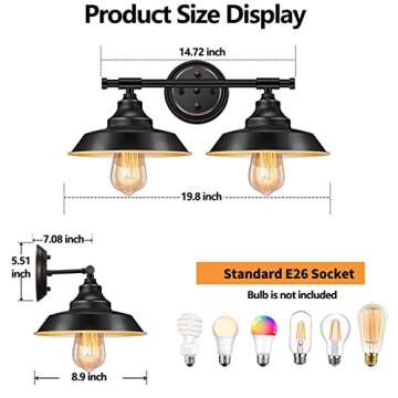 Elibbren Farmhouse Rustic Style Vintage 2-Lights Vanity Wall Sconce Lighting, E26 Base Metal Matte Black Industrial Bathroom Wall Light Fixture for Bathroom Vanity Mirror Cabinets Dressing Table