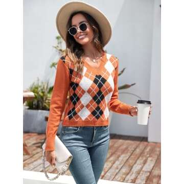 ZAFUL Women's Argyle Sweater V-Neck Cropped Sweater Long-Sleeve Plaid Sweater Pullover Jumper Knit Top (1-Orange,S)