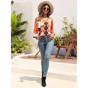 ZAFUL Women's Argyle Sweater V-Neck Cropped Sweater Long-Sleeve Plaid Sweater Pullover Jumper Knit Top (1-Orange,S)