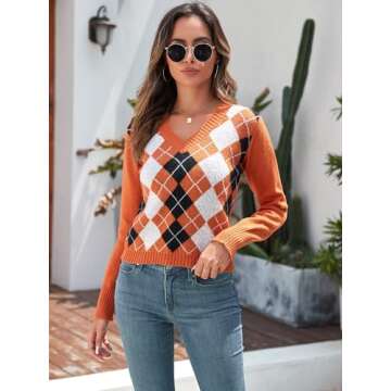 ZAFUL Women's Argyle Sweater V-Neck Cropped Sweater Long-Sleeve Plaid Sweater Pullover Jumper Knit Top (1-Orange,S)