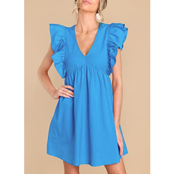 FANCYINN Women's Summer Ruffle Sleeveless Babydoll Mini Dress Deep V Neck Smock Loose Short Flowy Pleated Dresses Sky Blue XL