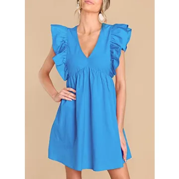 FANCYINN Women's Summer Ruffle Sleeveless Babydoll Mini Dress Deep V Neck Smock Loose Short Flowy Pleated Dresses Sky Blue XL