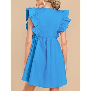 FANCYINN Women's Summer Ruffle Sleeveless Babydoll Mini Dress Deep V Neck Smock Loose Short Flowy Pleated Dresses Sky Blue XL