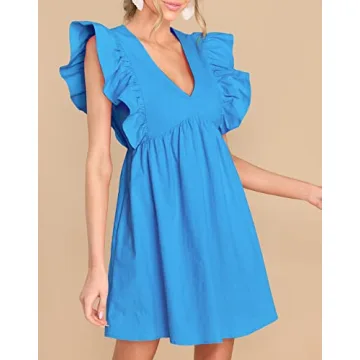 FANCYINN Women's Summer Ruffle Sleeveless Babydoll Mini Dress Deep V Neck Smock Loose Short Flowy Pleated Dresses Sky Blue XL