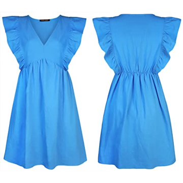 FANCYINN Women's Summer Ruffle Sleeveless Babydoll Mini Dress Deep V Neck Smock Loose Short Flowy Pleated Dresses Sky Blue XL