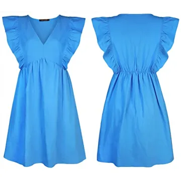 FANCYINN Women's Summer Ruffle Sleeveless Babydoll Mini Dress Deep V Neck Smock Loose Short Flowy Pleated Dresses Sky Blue XL