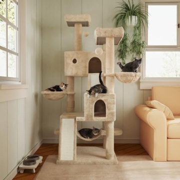 MUTICOR 66 Inches Multi-Level Large Cat Tree Tower for Indoor Big Cats/Cozy Plush Perches/Cat Condo/Sisal Scratching Posts/Hammock and Baskets/Cat Activity Center Play House/Wide Base/Beige