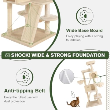 MUTICOR 66 Inches Multi-Level Large Cat Tree Tower for Indoor Big Cats/Cozy Plush Perches/Cat Condo/Sisal Scratching Posts/Hammock and Baskets/Cat Activity Center Play House/Wide Base/Beige