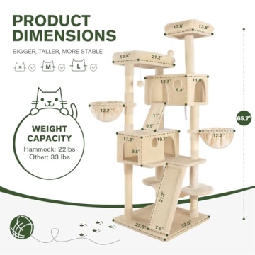 MUTICOR 66 Inches Multi-Level Large Cat Tree Tower for Indoor Big Cats/Cozy Plush Perches/Cat Condo/Sisal Scratching Posts/Hammock and Baskets/Cat Activity Center Play House/Wide Base/Beige
