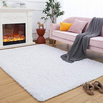 Maxsoft Fluffy Shag Bedroom Rug, 5x8 Feet White Area Rugs for Living Room Nursery Bedside, Fuzzy Plu...