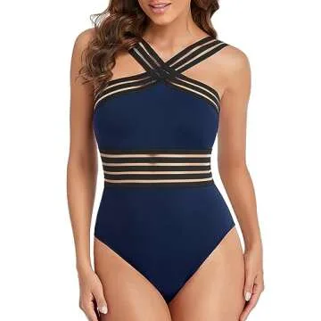 Hilor Women's Twist Front 1 Piece Bathing Suits Flattering Swimsuits Cute Swimming Suits Modest Swimwear Navy L/US10-12