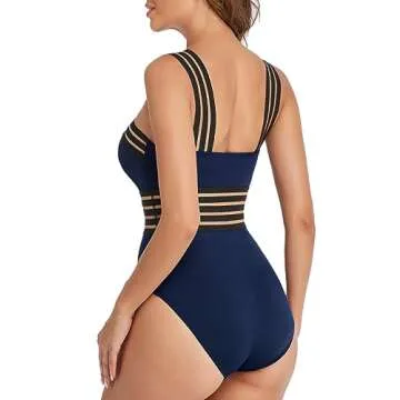 Hilor Women's Twist Front 1 Piece Bathing Suits Flattering Swimsuits Cute Swimming Suits Modest Swimwear Navy L/US10-12