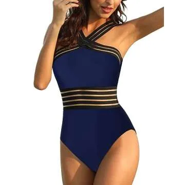 Hilor Women's Twist Front 1 Piece Bathing Suits Flattering Swimsuits Cute Swimming Suits Modest Swimwear Navy L/US10-12