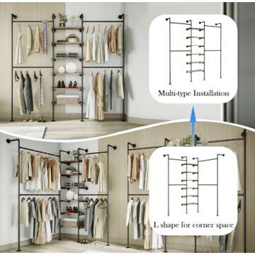 HKaikzo Industrial Pipe Clothes Rack, DÉCOR Wall Mounted Clothing Rack, for Walk-in Wardrobe Multi-Purpose Storage Clothes Hanging Shelf, 2 Installation Methods