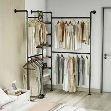HKaikzo Industrial Pipe Clothes Rack, DÉCOR Wall Mounted Clothing Rack, for Walk-in Wardrobe Multi-Purpose Storage Clothes Hanging Shelf, 2 Installation Methods