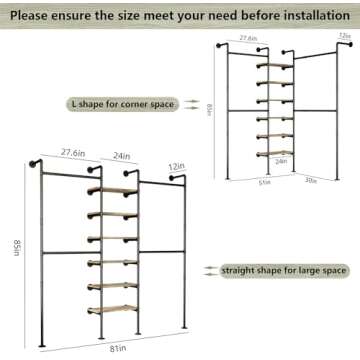 HKaikzo Industrial Pipe Clothes Rack, DÉCOR Wall Mounted Clothing Rack, for Walk-in Wardrobe Multi-Purpose Storage Clothes Hanging Shelf, 2 Installation Methods